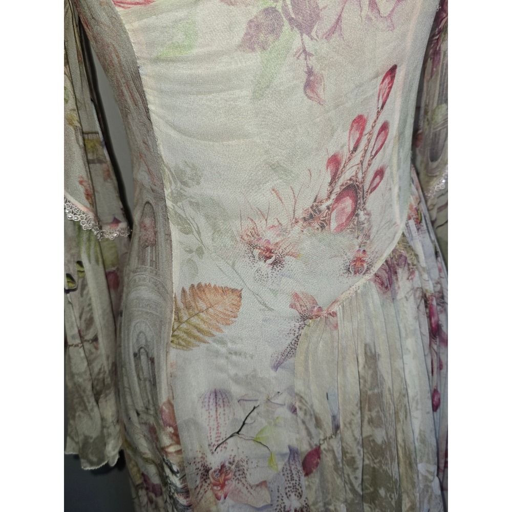Romantic Floral Maxi Dress Women Sheer Overlay Bell Sleeve renfair fairycore - Picture 6 of 16